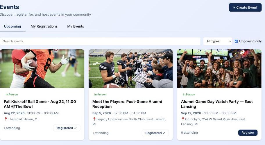 Upcoming events with registration state on each card