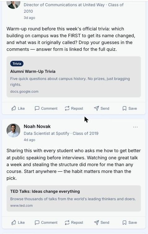 Alumni posting into the feed, with link previews built from the page
