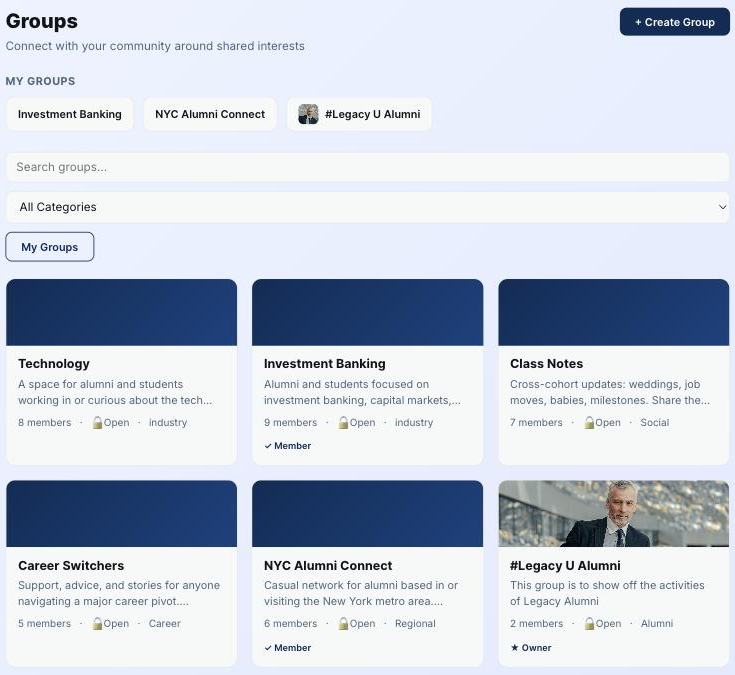 Groups by industry, region and interest, with live member counts