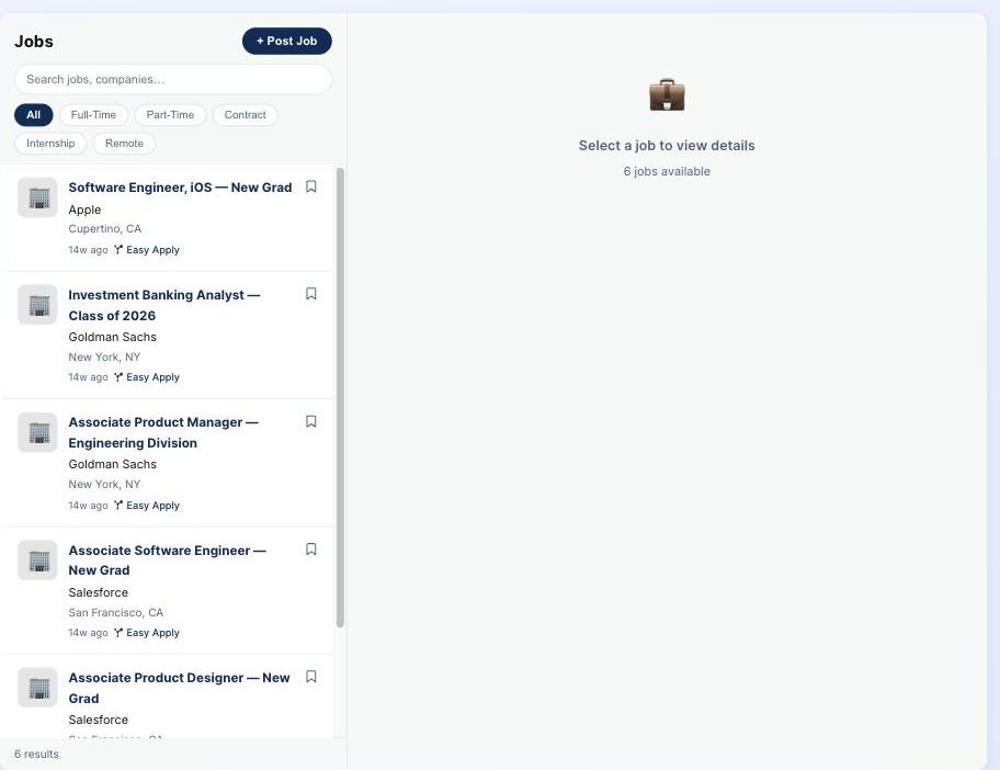 Open roles posted into the community, filterable by type