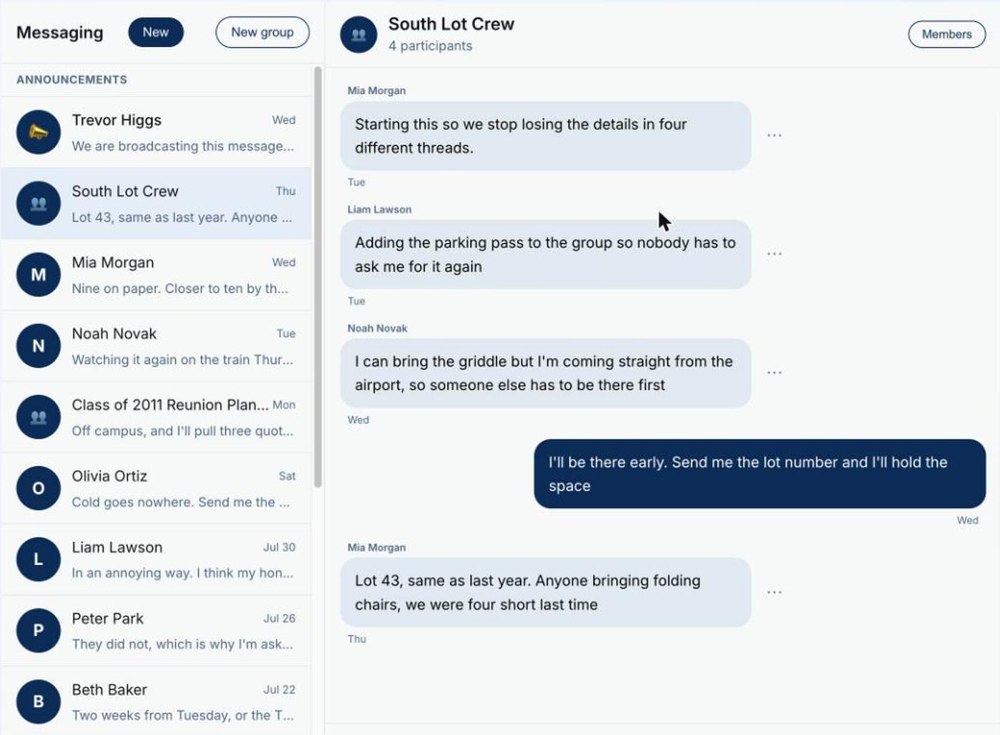 One-to-one threads, two group threads and the broadcast announcement, in one inbox