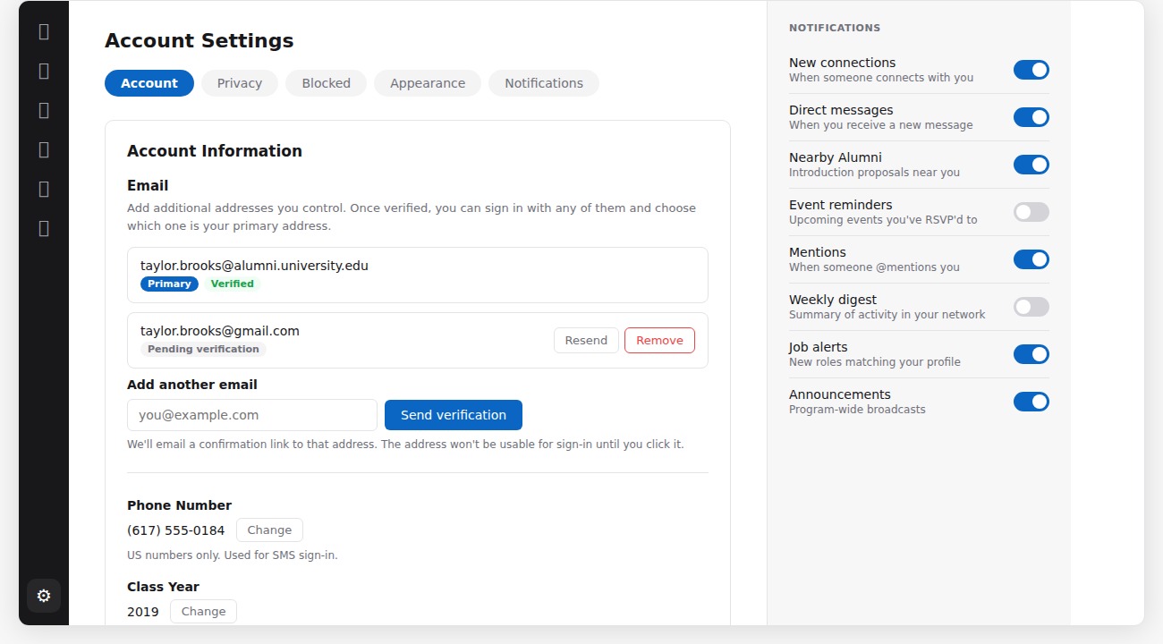 Account settings tab showing email, class year, and zip fields