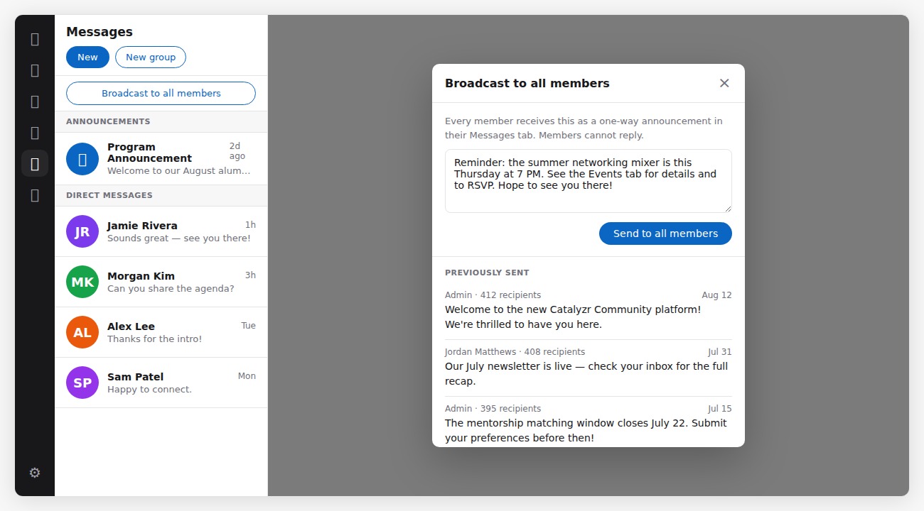 Messaging broadcast controls for community-wide notifications