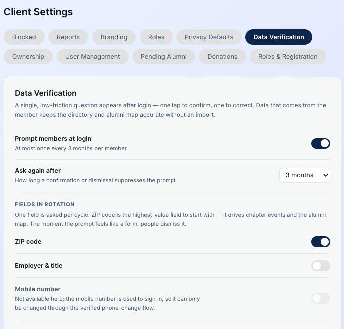 Data verification admin settings