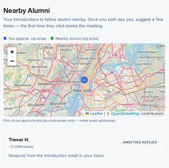 Nearby Alumni page with privacy-safe location matching